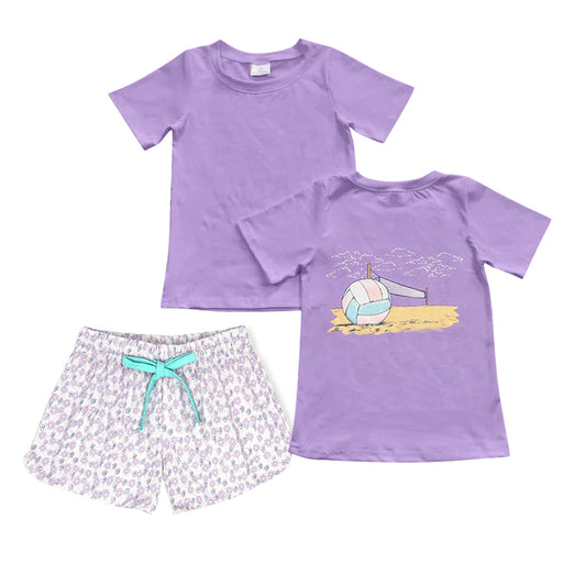 (Pre-order)GSSO2541 Volleyball Purple Top Flowers Shorts Girls Summer Clothes Set