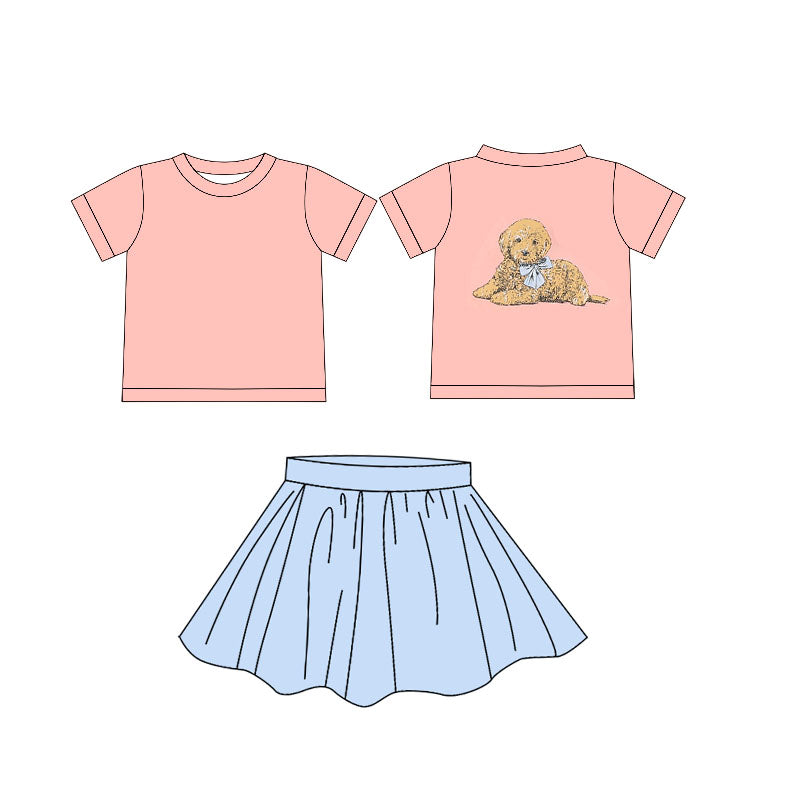(Pre-order)GSSO2542 Dog Pink Top Blue Skirts Girls Summer Clothes Set