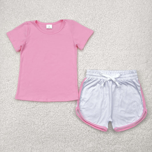 GSSO2543 Pink Top Stripes Shorts Girls Summer Clothes Set