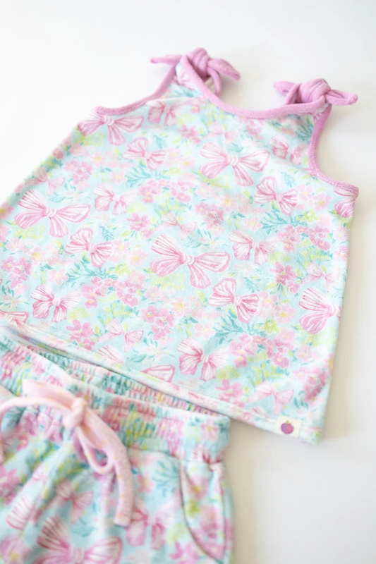 (Pre-order)GSSO2550 Flowers Bows Top Pockets Shorts Girls Summer Clothes Set