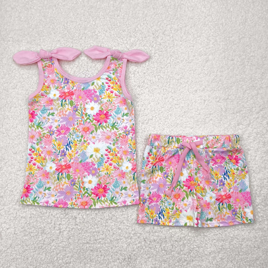 GSSO2551 Colorful Flowers Top Pockets Shorts Girls Summer Clothes Set