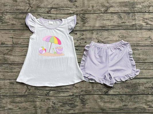 (Pre-order)GSSO2553 Sandbeach Top Purple Shorts Girls Summer Clothes Set