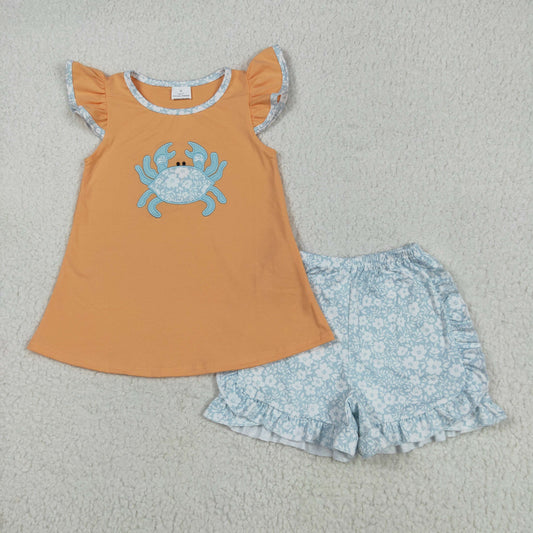 GSSO2555 Crab Embroidery Orange Top Flowers Shorts Girls Summer Clothes Set