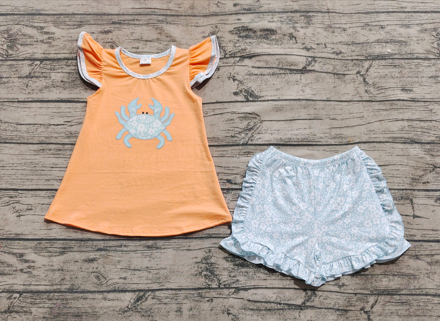 (Pre-order)GSSO2555 Crab Orange Top Flowers Shorts Girls Summer Clothes Set