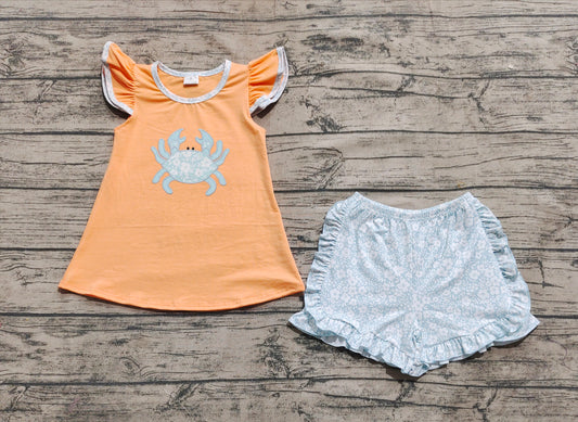 (Pre-order)GSSO2555 Crab Orange Top Flowers Shorts Girls Summer Clothes Set