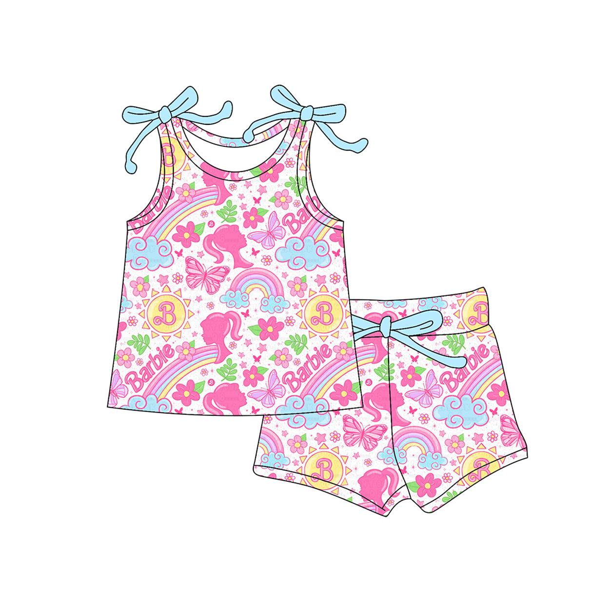 (Pre-order)GSSO2557 Rainbow Pink BA Flowers Top Shorts Girls Summer Clothes Set