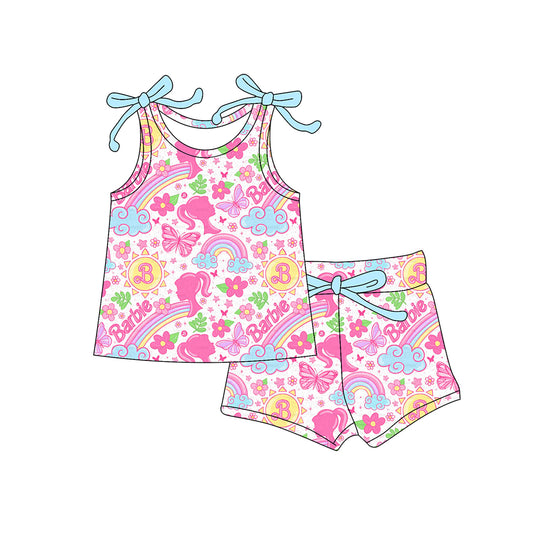 (Pre-order)GSSO2557 Rainbow Pink BA Flowers Top Shorts Girls Summer Clothes Set