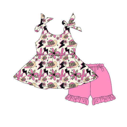 (Pre-order)GSSO2561 Hat Flowers Cactus Tunic Top Pink Shorts Girls Summer Western Clothes Set