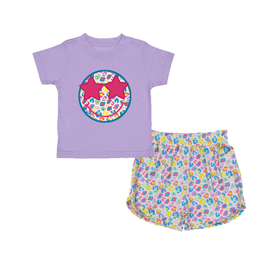 (Pre-order)GSSO2562 Smiling Face Purple Top Leopard Shorts Girls Summer Clothes Set