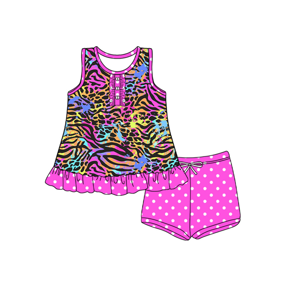 (Pre-order)GSSO2565 Colorful Leopard Tunic Top Dots Shorts Girls Summer Clothes Set