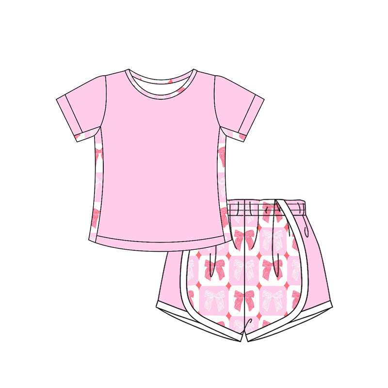 (Pre-order)GSSO2569 Pink Top Bows Plaid Shorts Girls Summer Clothes Set