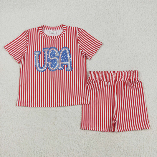 GSSO2577 USA Stars Stripes Print Shorts Girls 4th of July Clothes Set