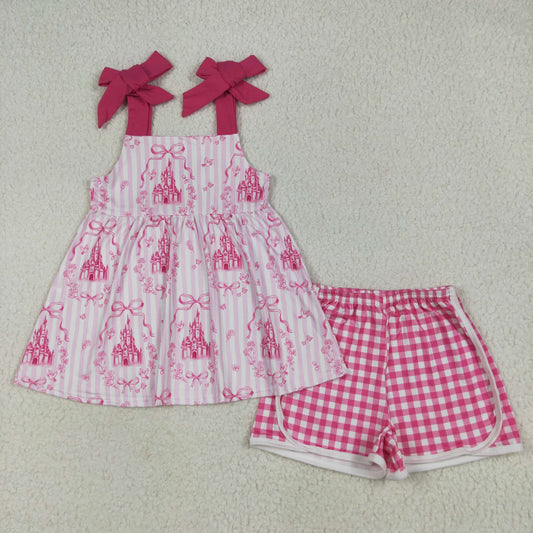 GSSO2582 Pink Castle Bows Tunic Top Plaid Shorts Girls Summer Clothes Set