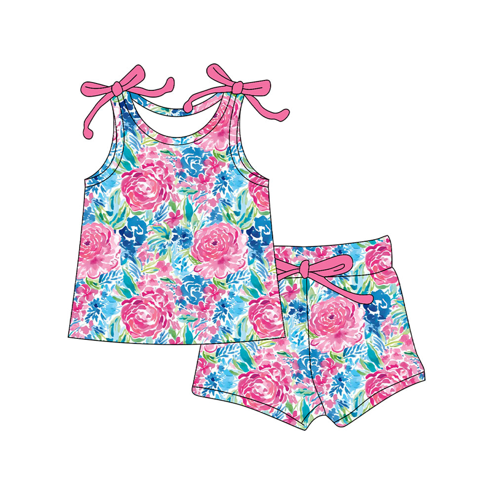 (Pre-order)GSSO2588 Pink Flowers Top Shorts Girls Summer Clothes Set