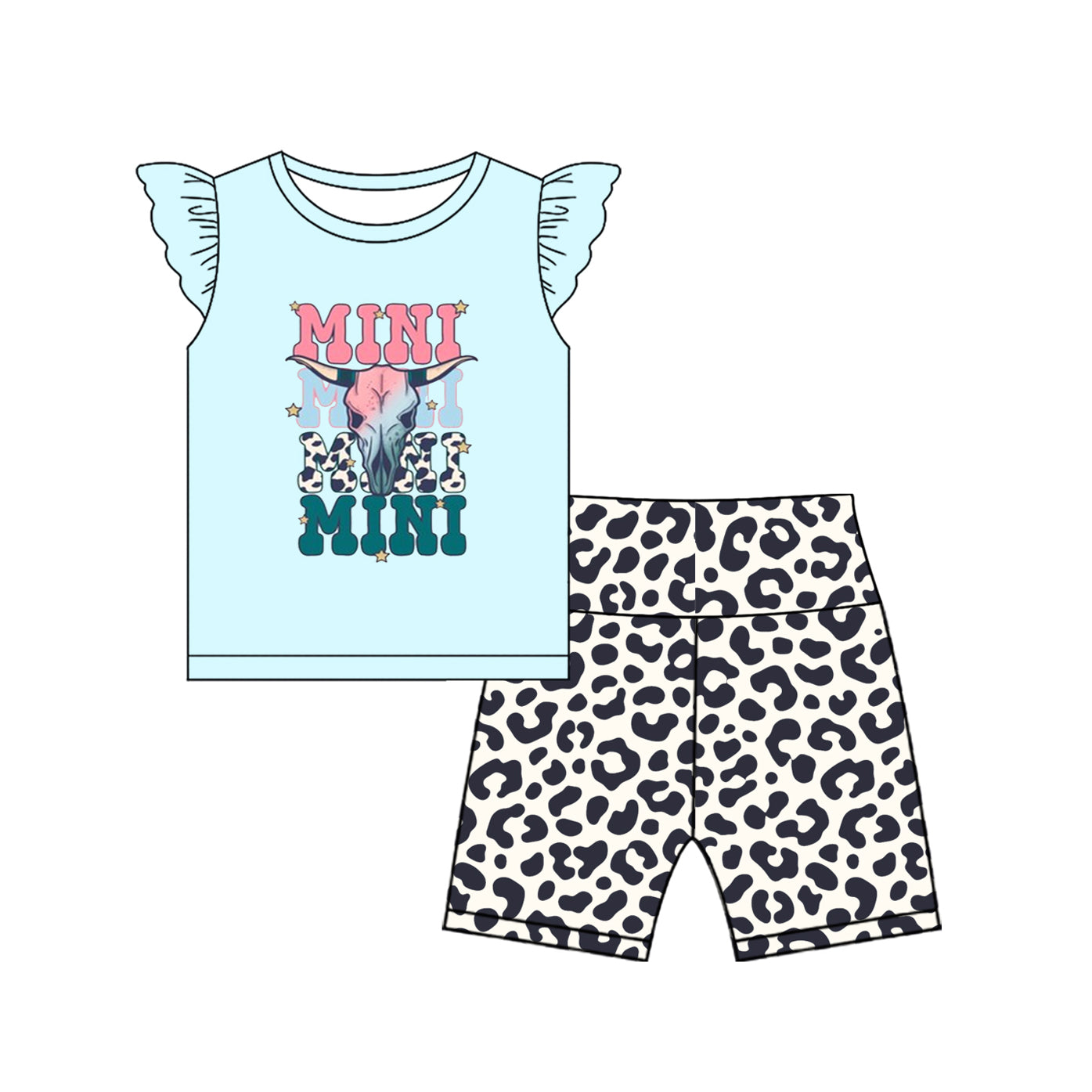 (Pre-order)GSSO2597 MINI Cow Skull Top Leopard Shorts Girls Summer Clothes Set