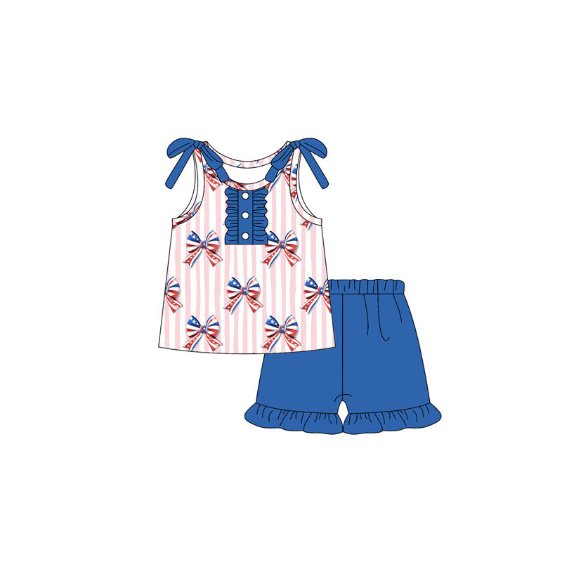 (Pre-order)GSSO2599 Bows Top Blue Shorts Girls 4th of July Clothes Set