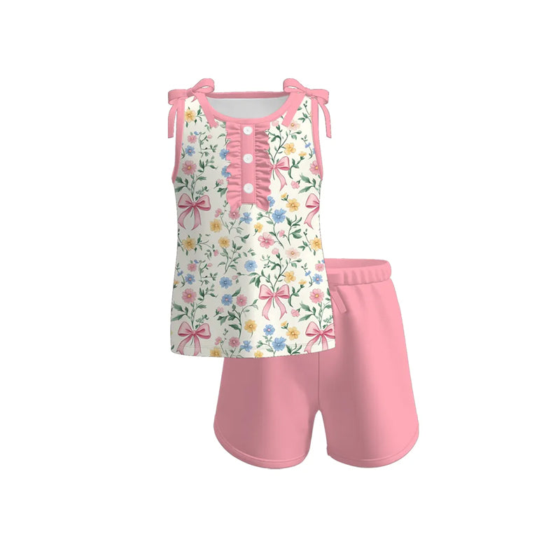 (Pre-order)GSSO2600 Colorful Flowers Top Pink Shorts Girls Summer Clothes Set