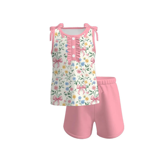 (Pre-order)GSSO2600 Colorful Flowers Top Pink Shorts Girls Summer Clothes Set
