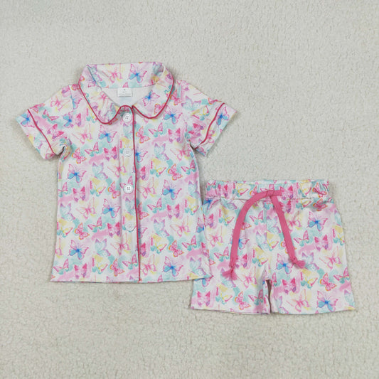GSSO2601 Colorful Butterfly Print Shorts Girls Summer Buttons Pajamas Clothes Set