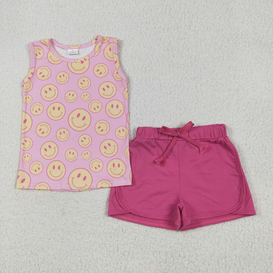 GSSO2605 Smiling Face Pink Top Hot Pink Shorts Girls Summer Clothes Set