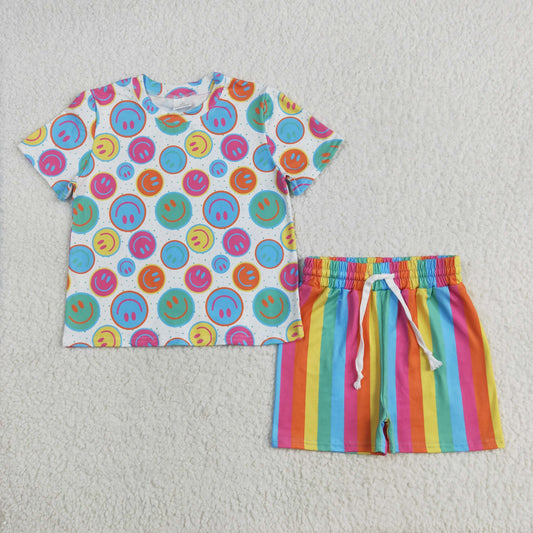 GSSO2609 Colorful Smiling Face Top Stripes Shorts Girls Summer Clothes Set