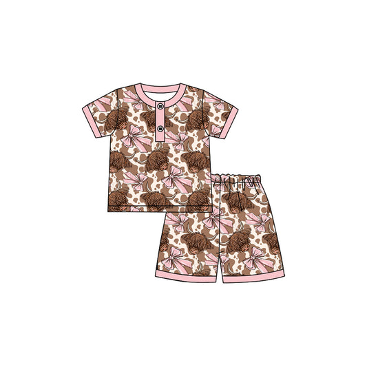 (Pre-order)GSD2612 Highland Cow Bows Print Shorts Girls Summer Pajamas Clothes Set