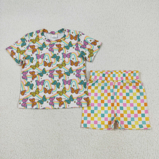 GSSO2615 Butterfly Top Plaid Shorts Girls Summer Clothes Set
