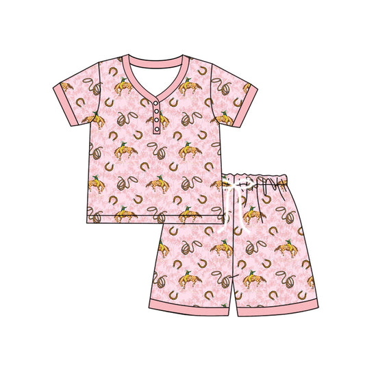 (Pre-order)GSSO2617  Adult Rodeo Pink Print Shorts Woman Summer Clothes Set