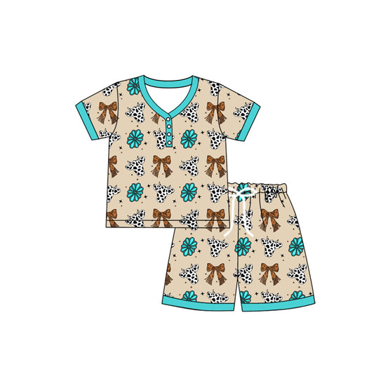 (Pre-order)GSSO2618  Adult Cows Bows Turquoise Print Shorts Woman Summer Clothes Set
