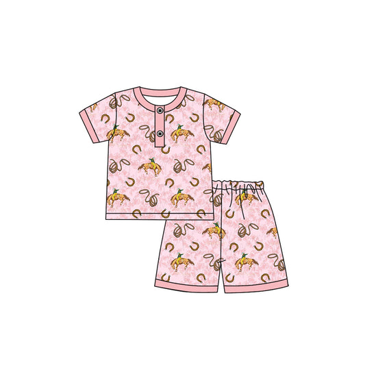 (Pre-order)GSD2620 Rodeo Pink Print Shorts Girls Summer Pajamas Clothes Set