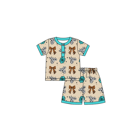 (Pre-order)GSD2621 Cows Bows Turquoise Print Shorts Girls Summer Pajamas Clothes Set