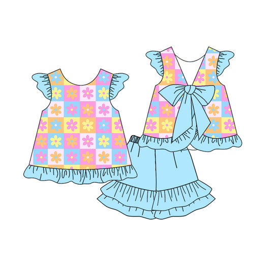 (Pre-order)GSSO2623 Flowers Colorful Plaid Tunic Top Blue Shorts Girls Summer Clothes Set