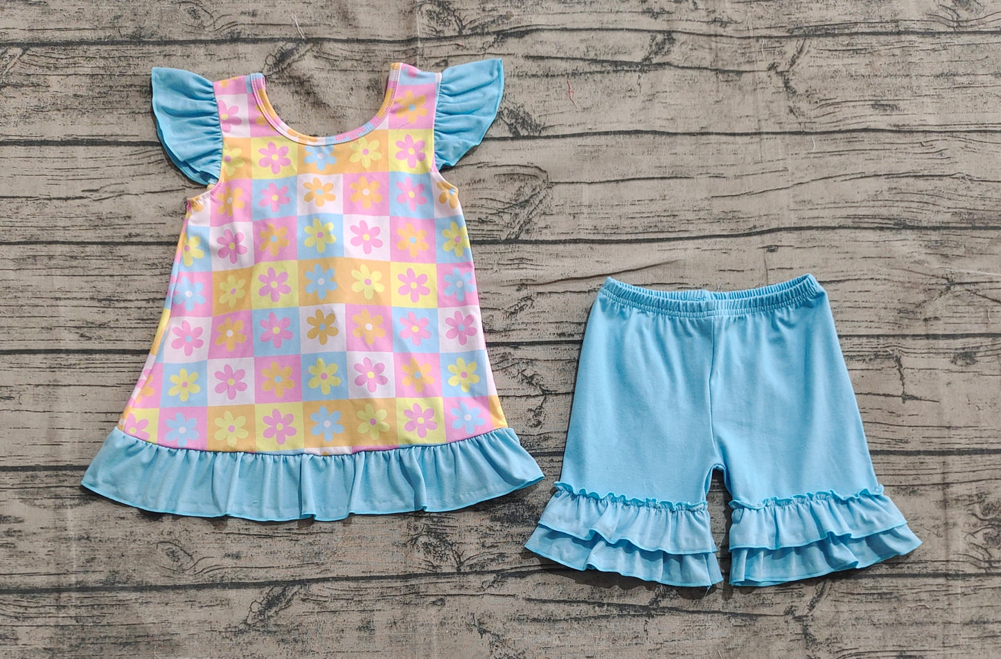 (Pre-order)GSSO2623 Flowers Colorful Plaid Tunic Top Blue Shorts Girls Summer Clothes Set