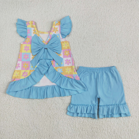 GSSO2623 Flowers Colorful Plaid Tunic Top Blue Shorts Girls Summer Clothes Set