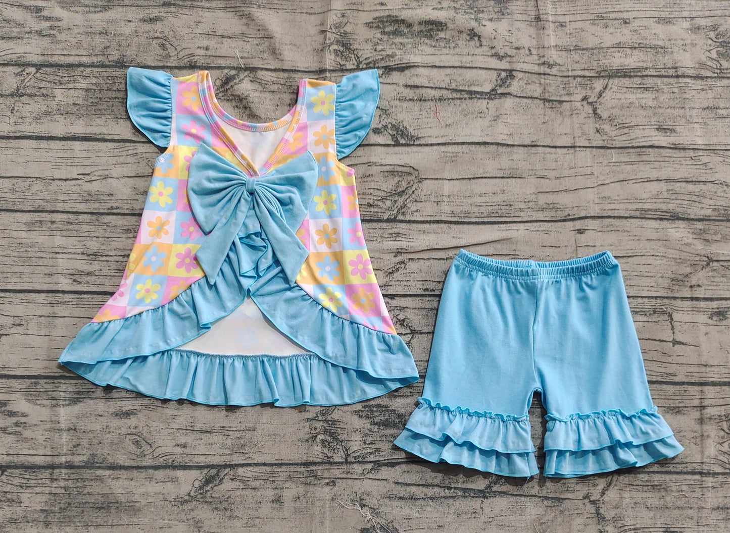 (Pre-order)GSSO2623 Flowers Colorful Plaid Tunic Top Blue Shorts Girls Summer Clothes Set