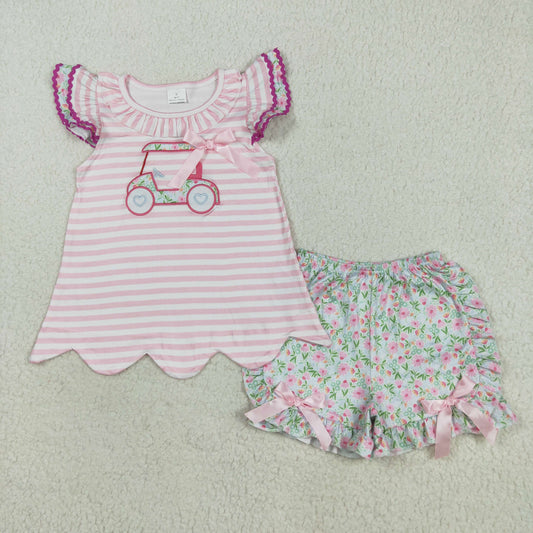 GSSO2633 Golf Trucks Embroidery Top Flowers Shorts Girls Summer Clothes Set