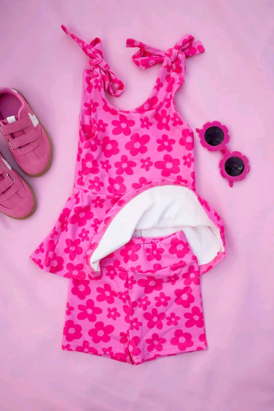 (Pre-order)GSSO2635 Hot Pink Flowers Tunic Top Shorts Girls Summer Clothes Set