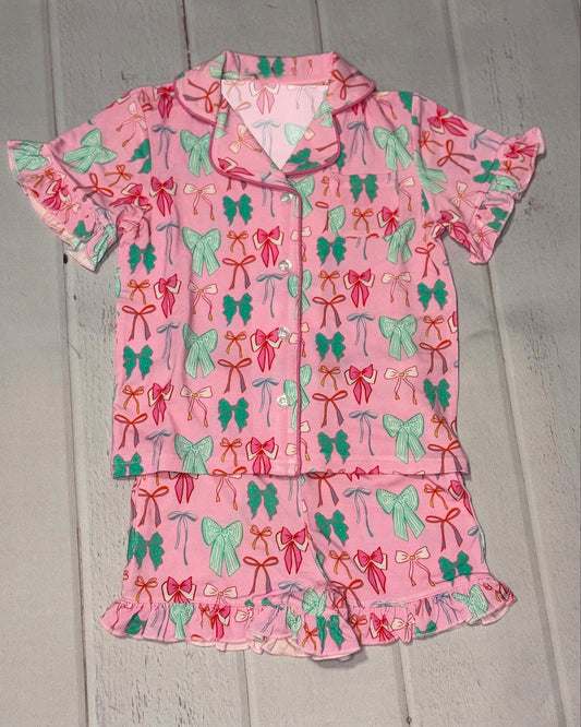 (Pre-order)GSSO2636 Colorful Bows Print Shorts Girls Summer Button Pajamas Clothes Set