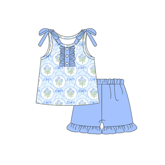 (Pre-order)GSSO2638 Flowers Bows Top Blue Shorts Girls Summer Clothes Set