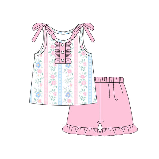 (Pre-order)GSSO2639 Small Flowers Top Pink Shorts Girls Summer Clothes Set