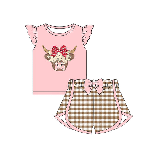 (Pre-order)GSSO2640 Highland Cow Top Plaid Shorts Girls Summer Clothes Set