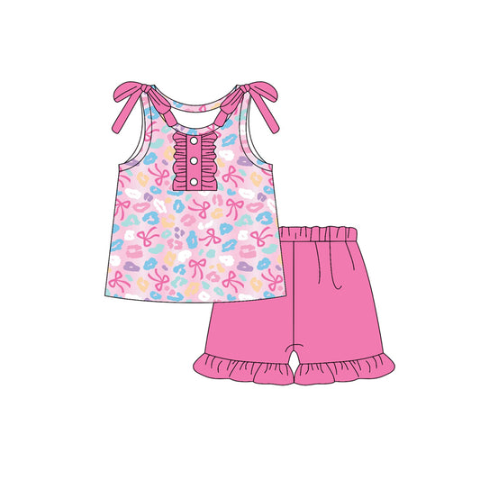 (Pre-order)GSSO2643 Colorful Leopard Bows Top Pink Shorts Girls Summer Clothes Set