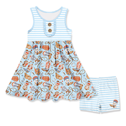 (Pre-order)GSSO2645 Boots Hat Tunic Top Stripes Shorts Girls Summer Clothes Set