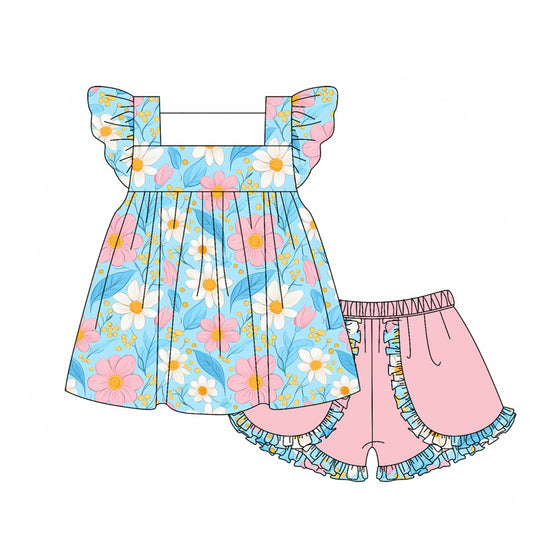 (Pre-order)GSSO2650 Flowers Blue Tunic Top Pink Shorts Girls Summer Clothes Set