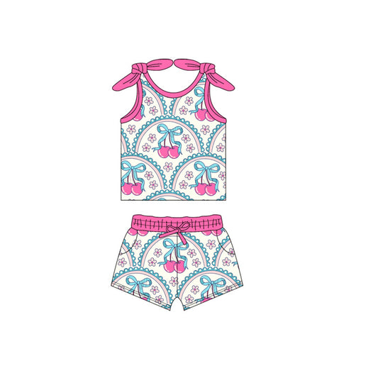 (Pre-order)GSSO2653 Cherry Flowers Bows Top Shorts Girls Summer Clothes Set