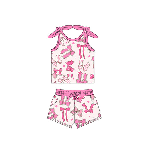 (Pre-order)GSSO2654 Pink Bows Top Shorts Girls Summer Clothes Set
