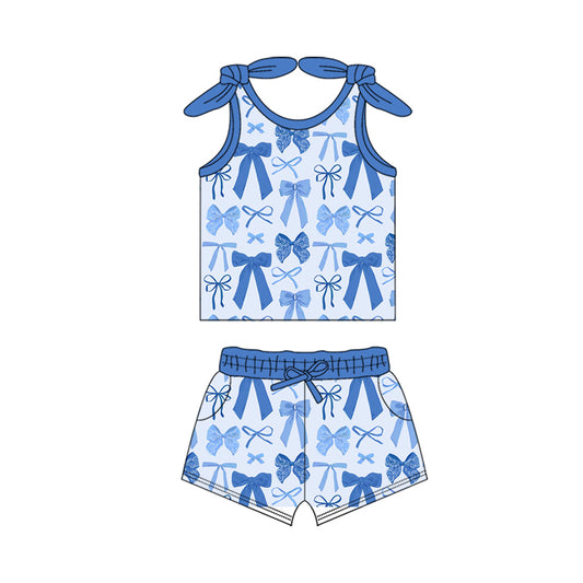 (Pre-order)GSSO2657 Blue Bows Top Shorts Girls Summer Clothes Set