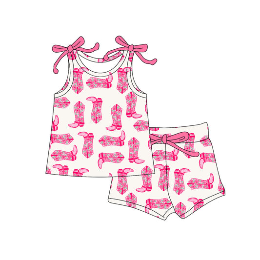 (Pre-order)GSSO2658 Pink Boots Flowers Top Shorts Girls Summer Clothes Set