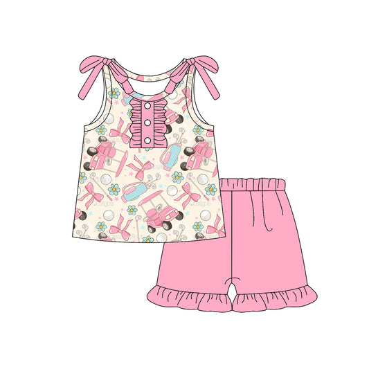 (Pre-order)GSSO2659 Golf Trucks Flowers Bows Tunic Top Pink Shorts Girls Summer Clothes Set