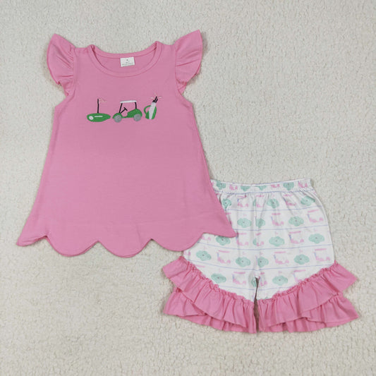 GSSO2660 Golf Trucks Embroidery Pink Top Ruffle Shorts Girls Summer Clothes Set